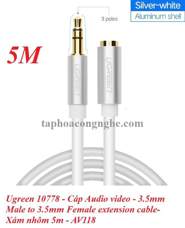 Ugreen 10778 5M màu Trắng Cáp âm thanh 3.5mm nối dài đầu nhôm AV118 30010778